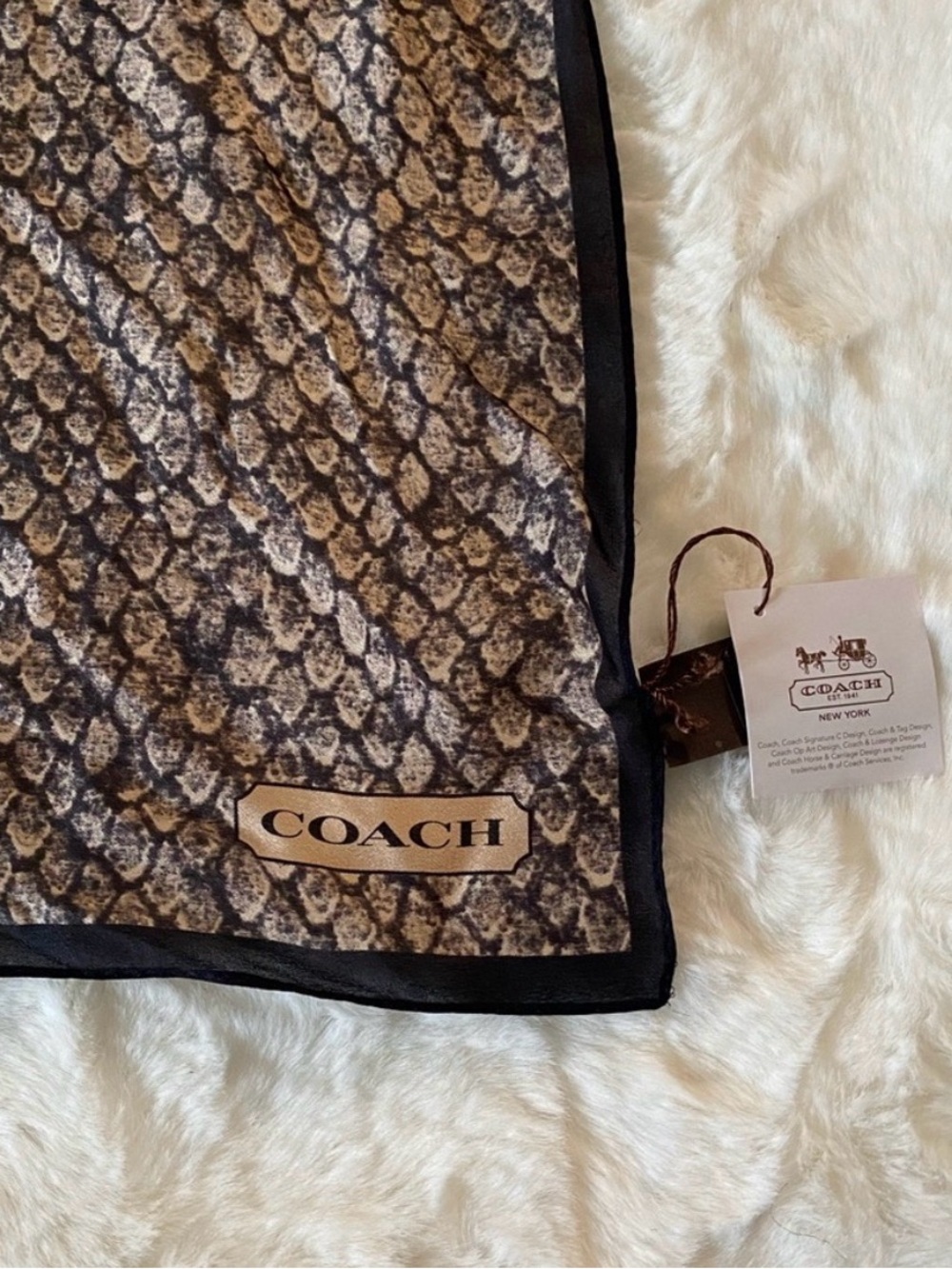 COACH Snake Print Silk Scarf in Brown, Black & Cream